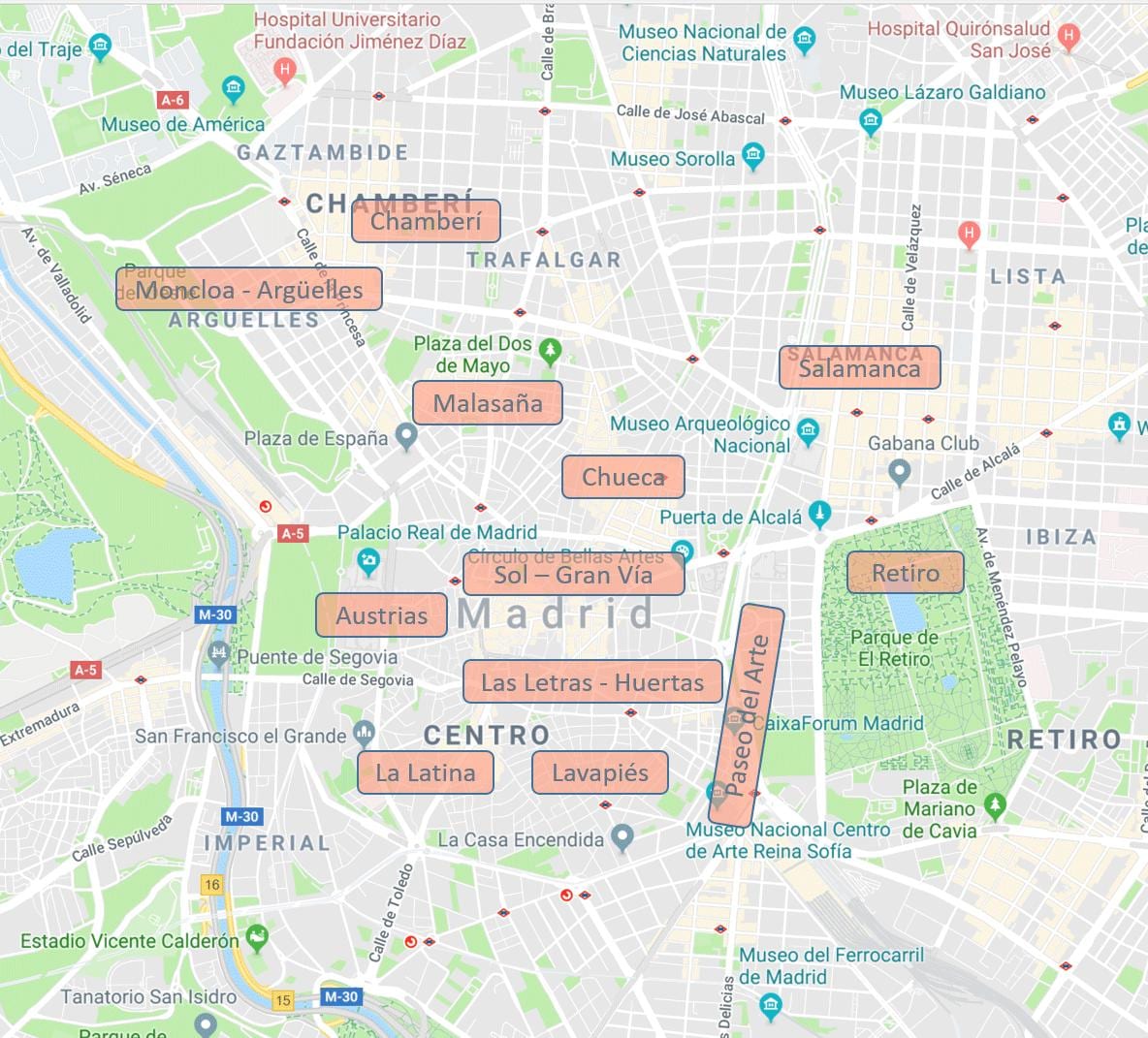 карта Мадрыд Іспанія кварталы